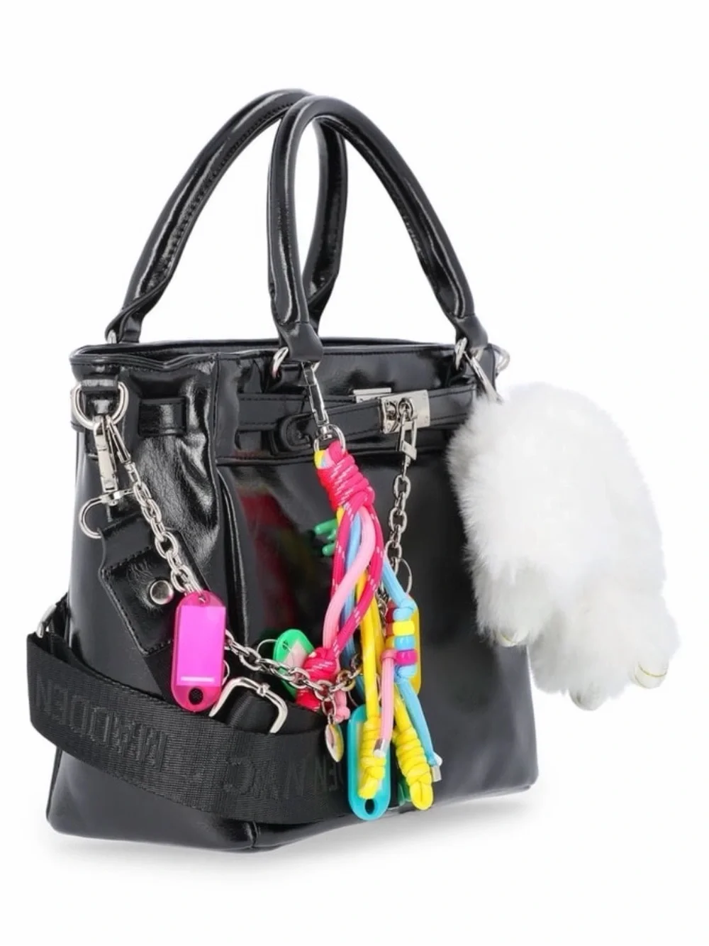 B04 Black Women's Patent Top Handle Black Satchel Bag with White Plush Charm NWT